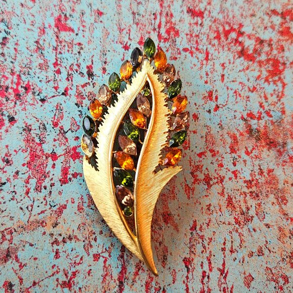 Vintage JJ Gold & Orange Green Brown Stones Fall Statement Leaf Brooch - Picture 1 of 5